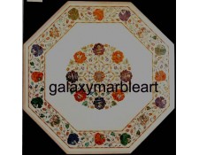 Gemstones studded white marble inlay table top 26" WP-2654